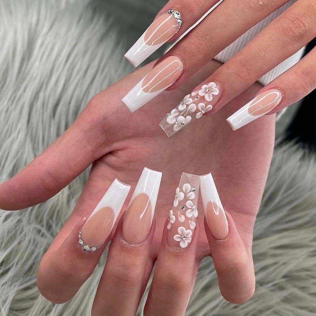 3D Floral Adornments on Coffin White Nails