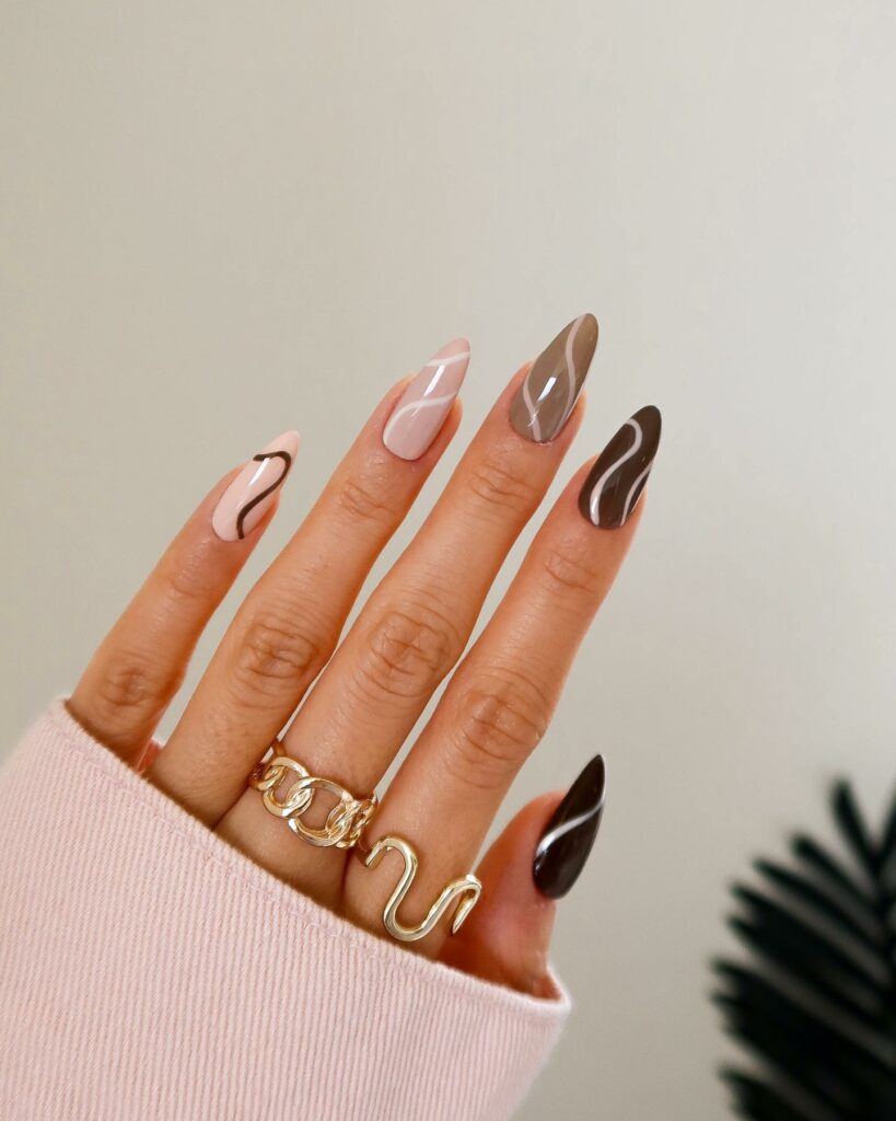 Brown And Gold Swirl Nails