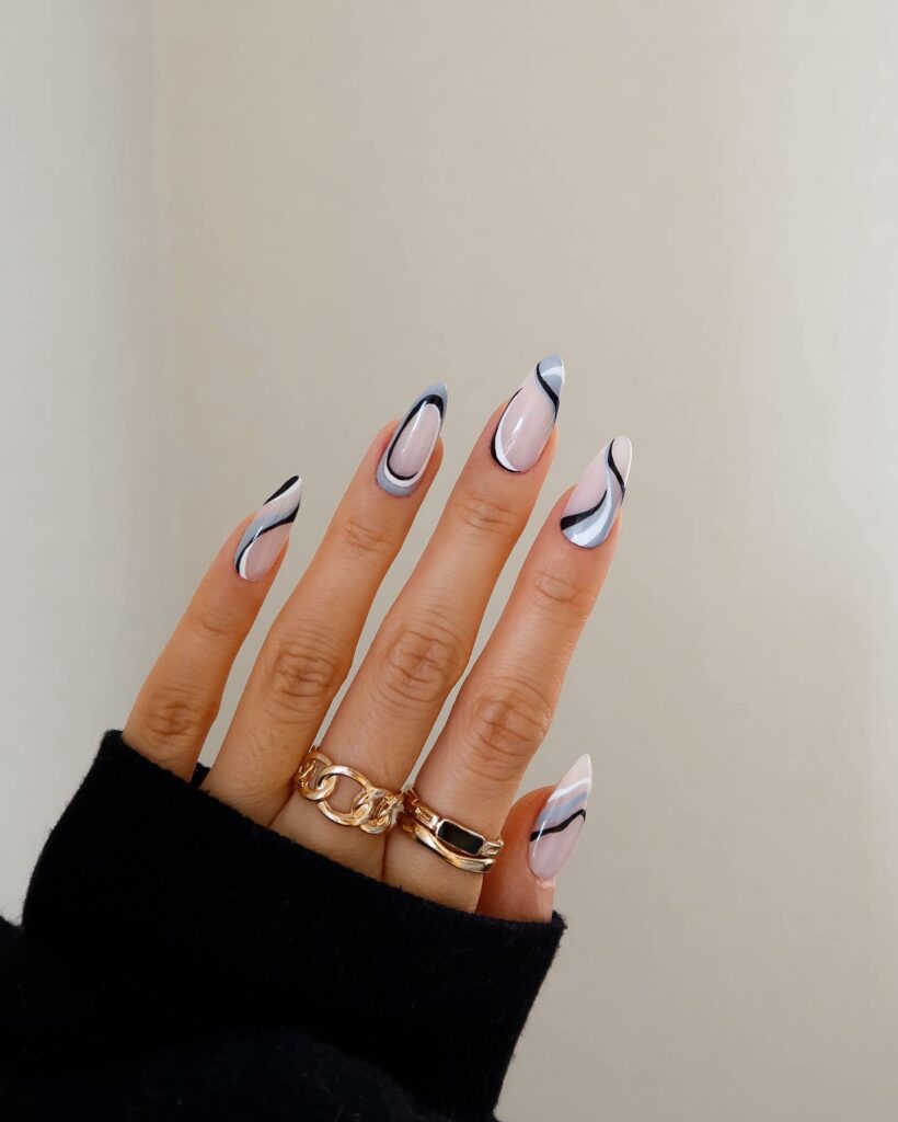 White And Black Nails with Swirls