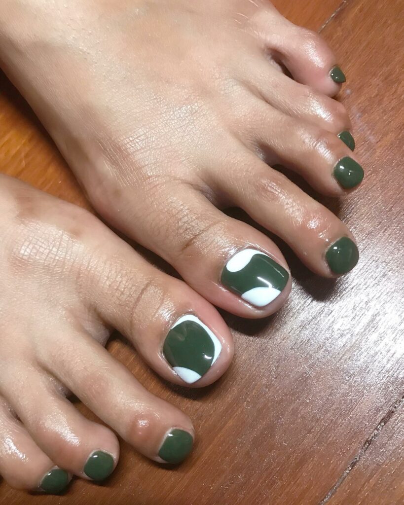 White and Dark Green Pedicure