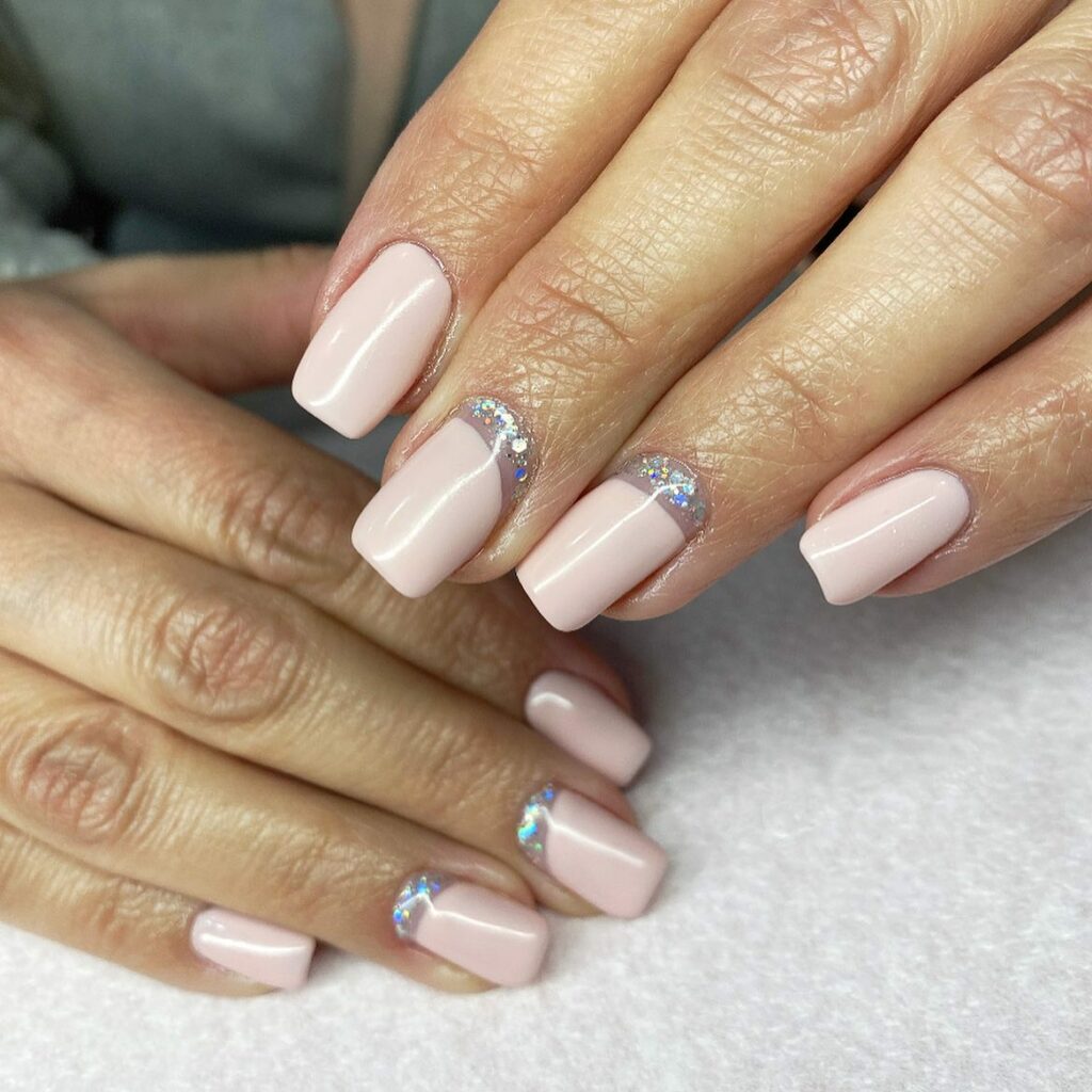 Light Beige Nails With Silver Glitters