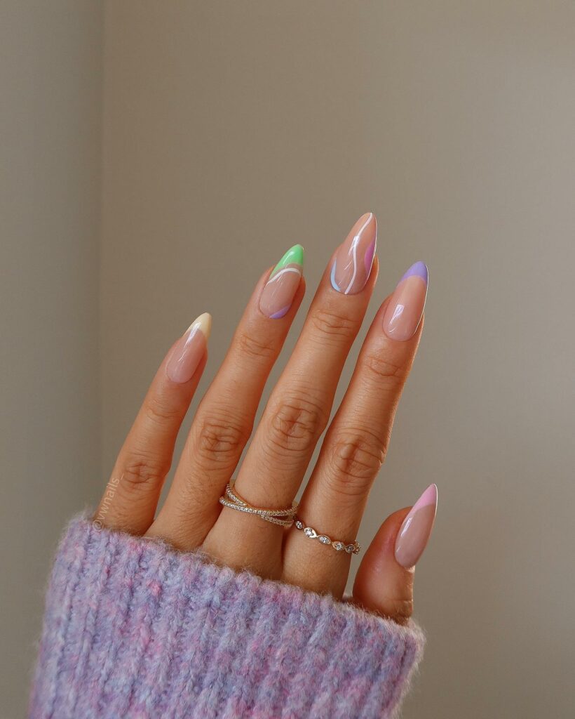 Pink And Green Swirls on Almond Nails