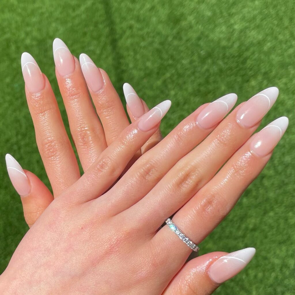 Nude And White Almond Nail