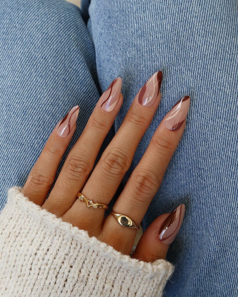 Brown And Beige Swirl Nails