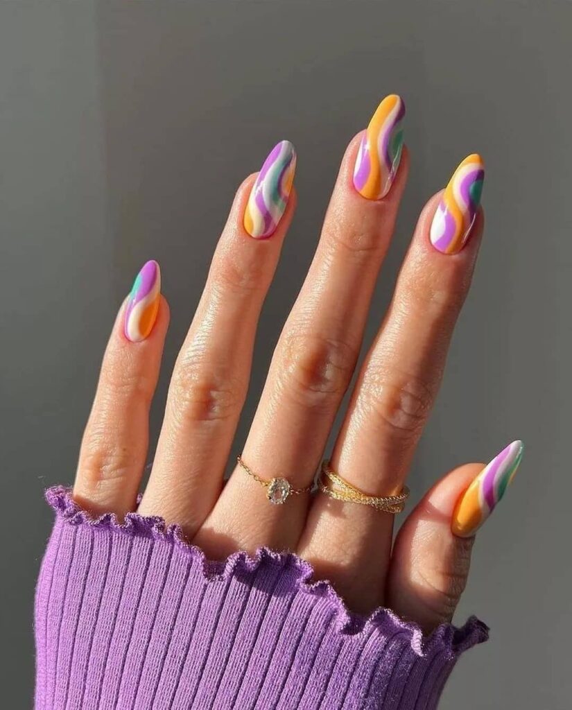 Long Rainbow Swirl Nails