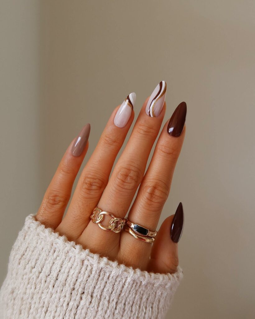 Brown Nails with Gold Swirls