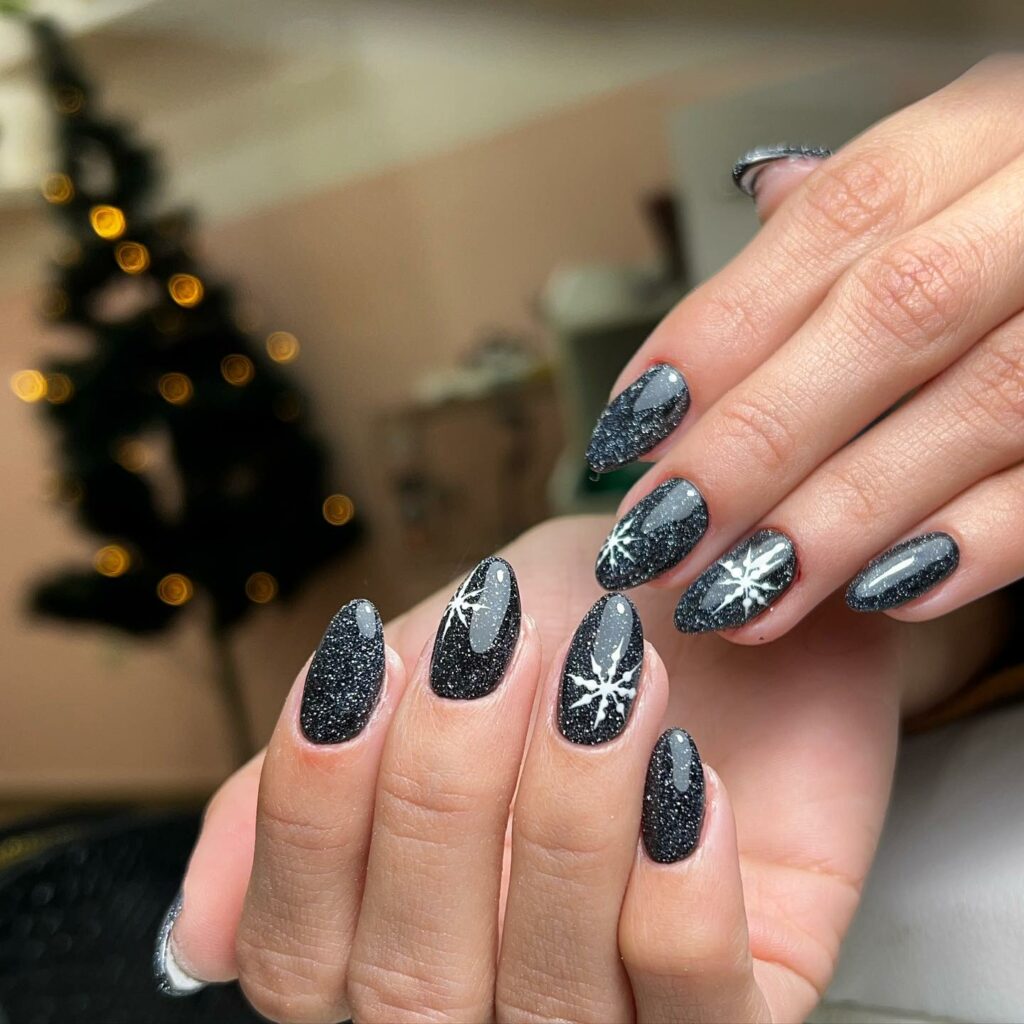 Almond Black Glitter Christmas Nails