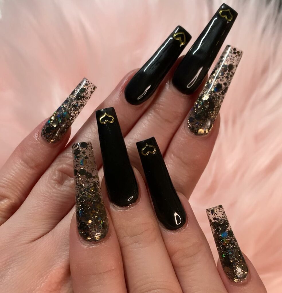 Shimmery Black Coffin Nails with Crystals