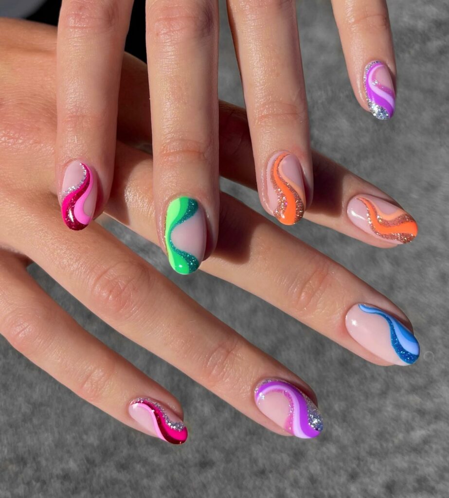 Rainbow Nails with Glitter Swirls