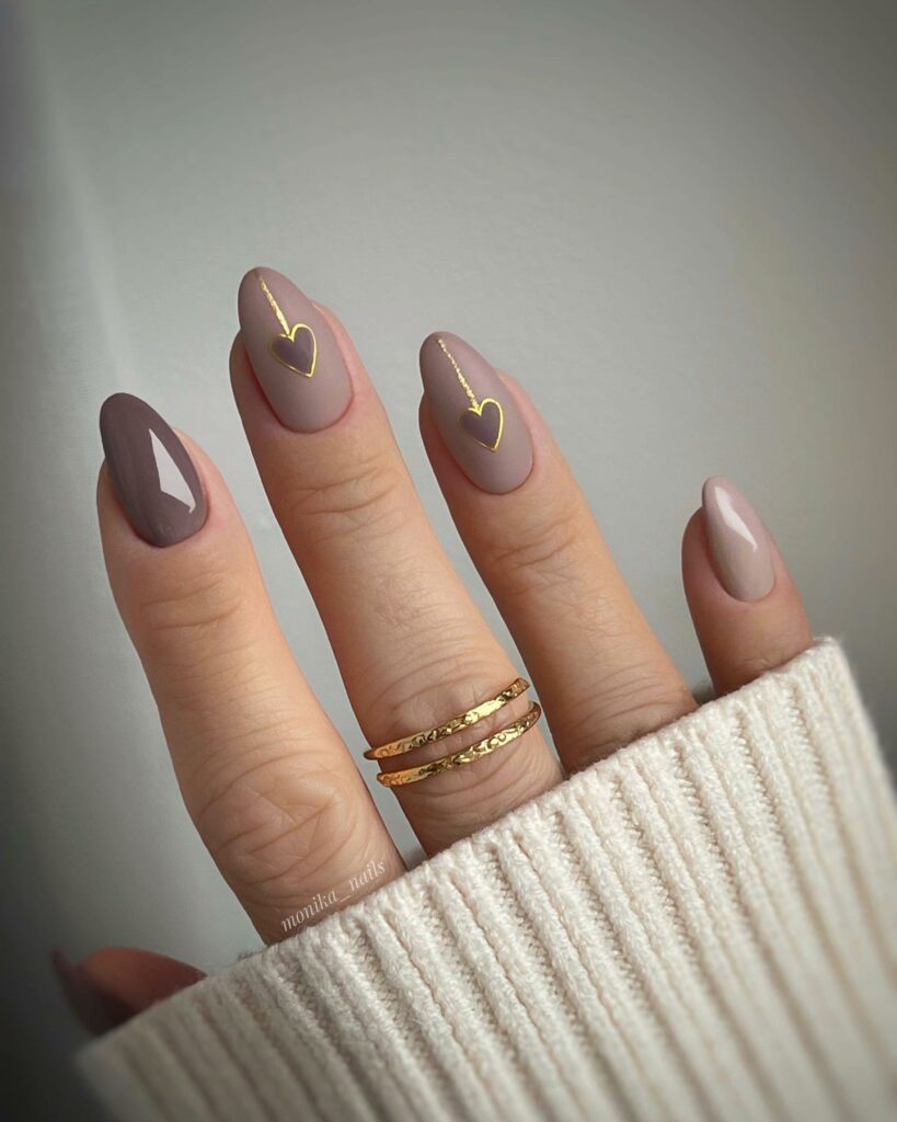 Cream And Beige Nails With Heart Details