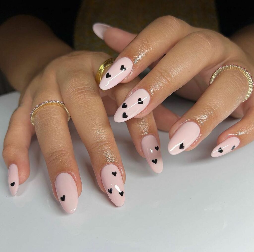 Pink And Black Nails With Hearts