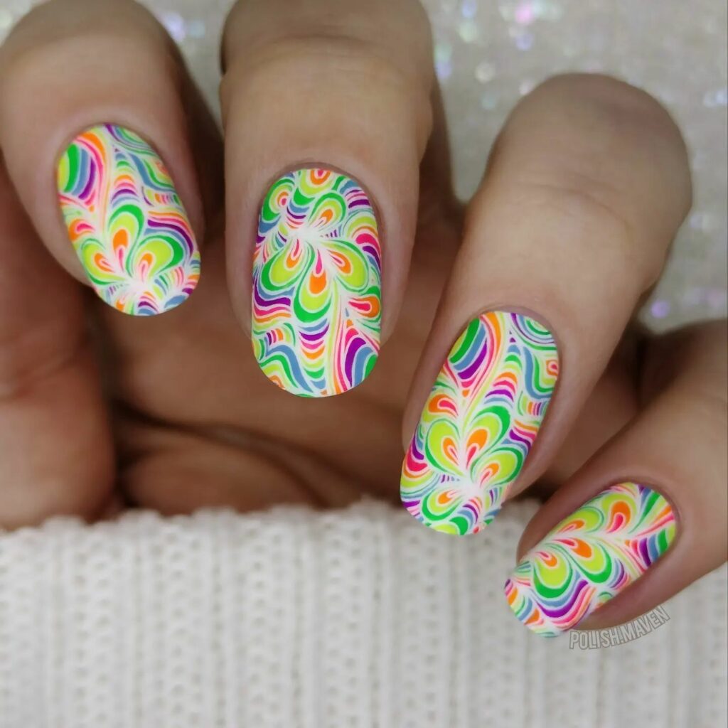 Matte Nails with Rainbow Swirl Accents