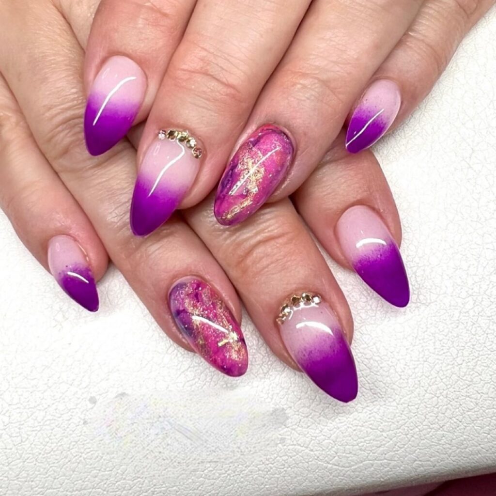 Light and Dark Purple Nail Art with Crystals