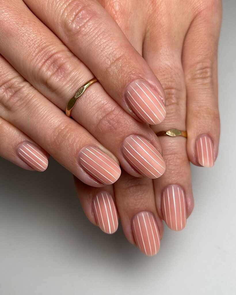 Peach Beige Nails With White Stripes