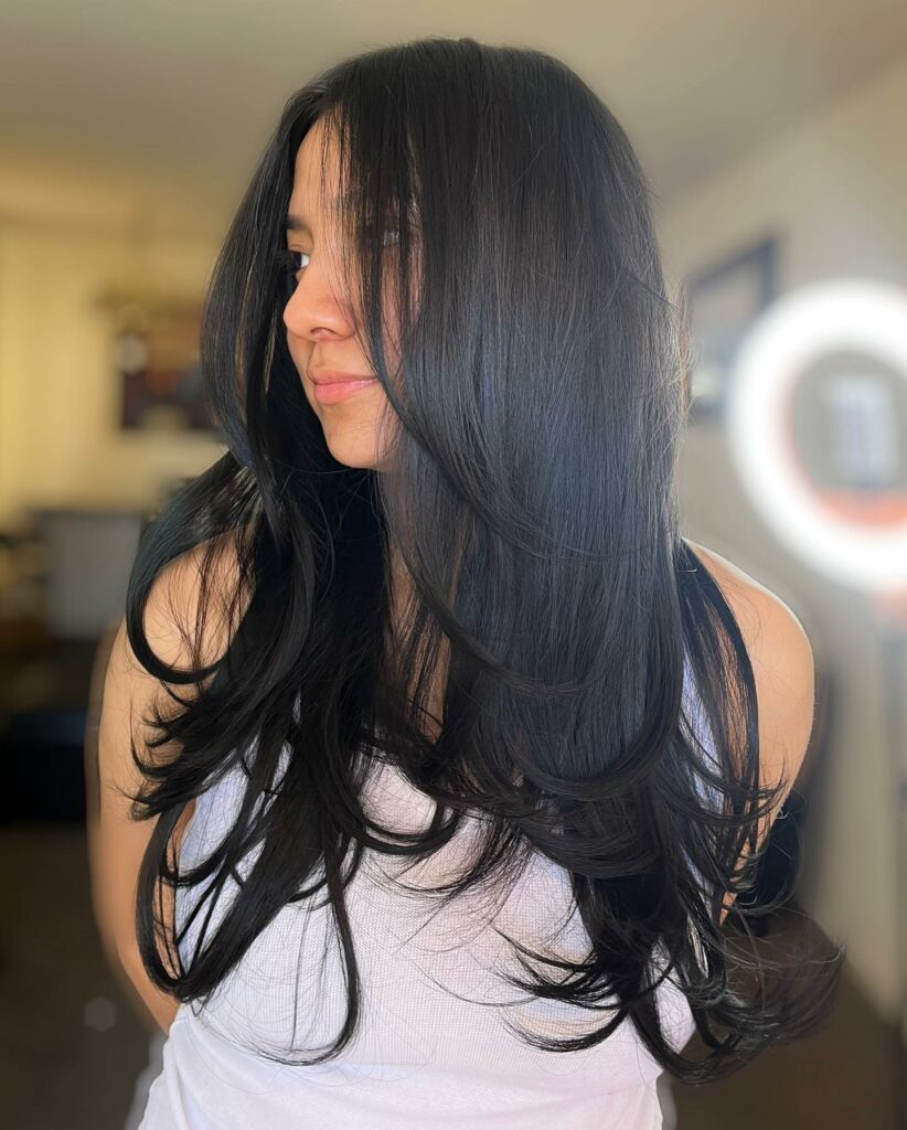 Jet Black Long Hair with Curtain Bangs