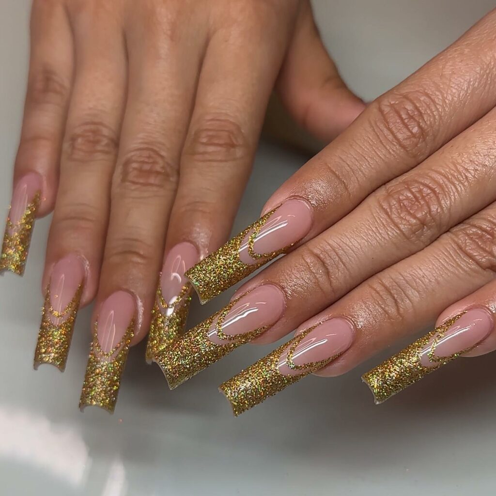 Acrylic Glitter Gold French Nails