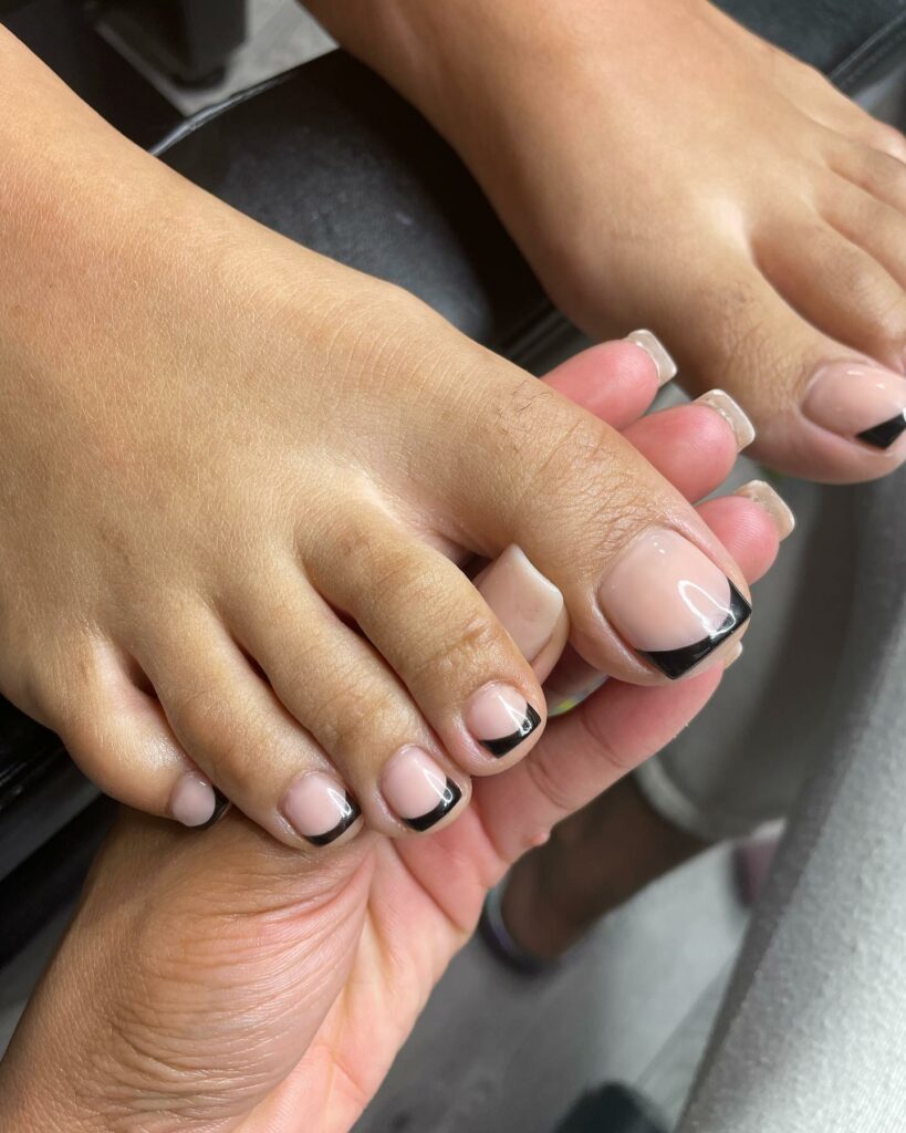 Black French Pedicure For Nude Base Color
