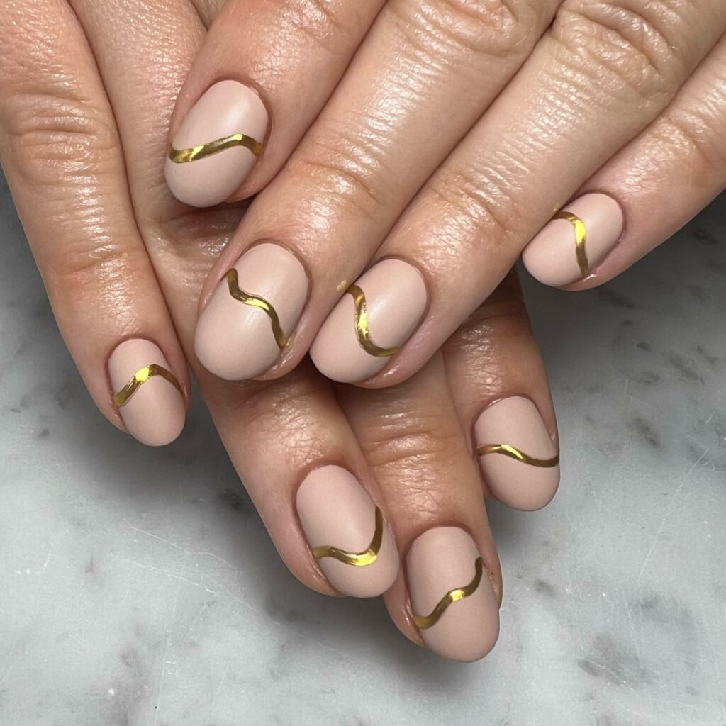Matte Nails With Gold Accent Lines