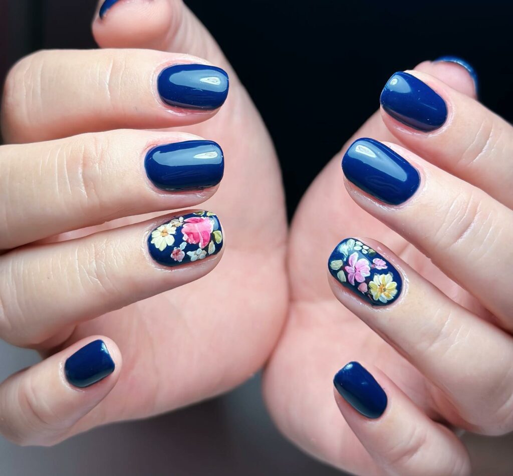 Dark Blue Nails with Floral Art