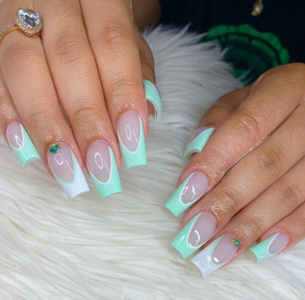 Pastel Mint Green Coffin V Cut French Tip Nails