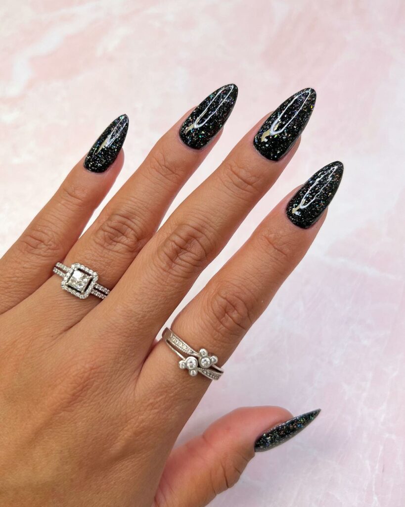 Black Nails with Silver and Gold Glitter