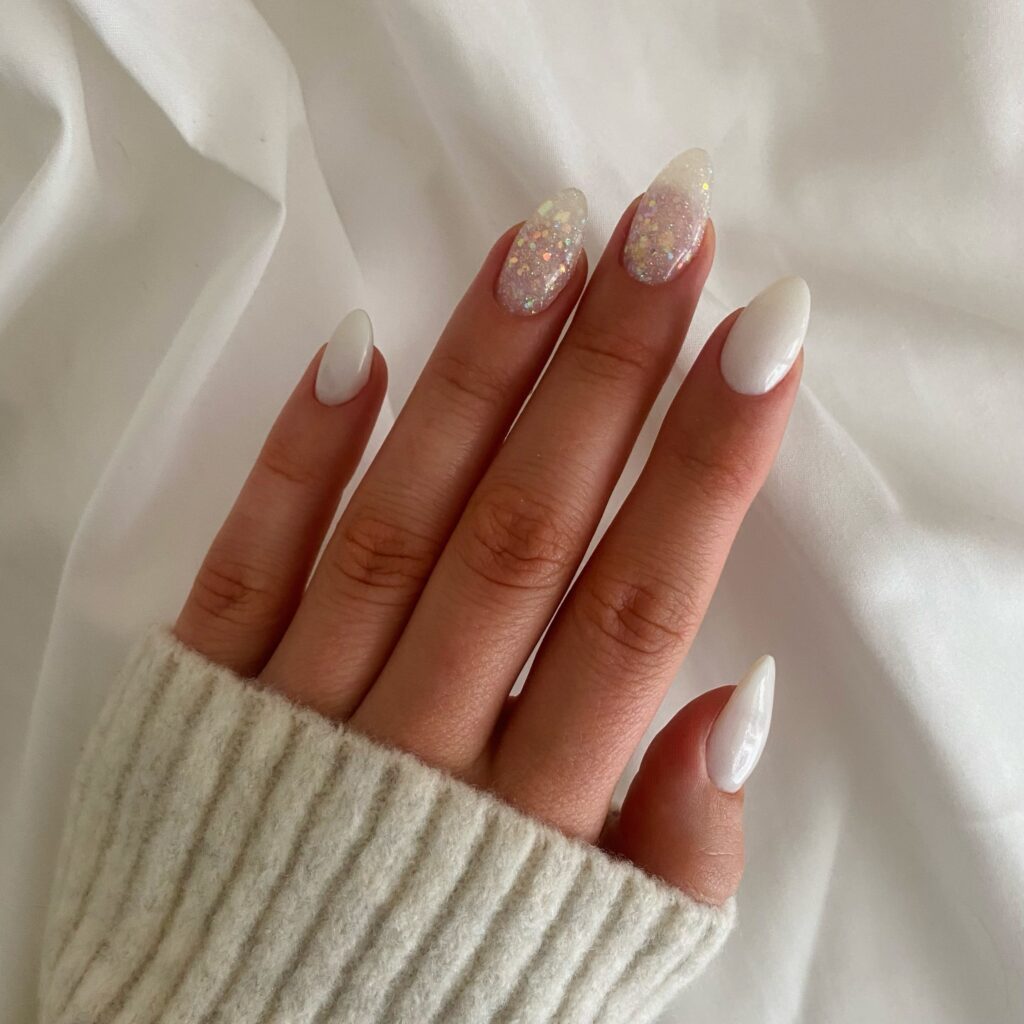 Glitter White Almond Nails