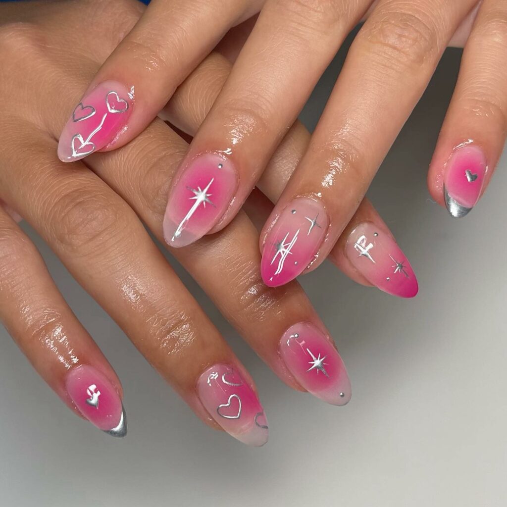 Hot Pink Aura Nails With Stars Nail Art