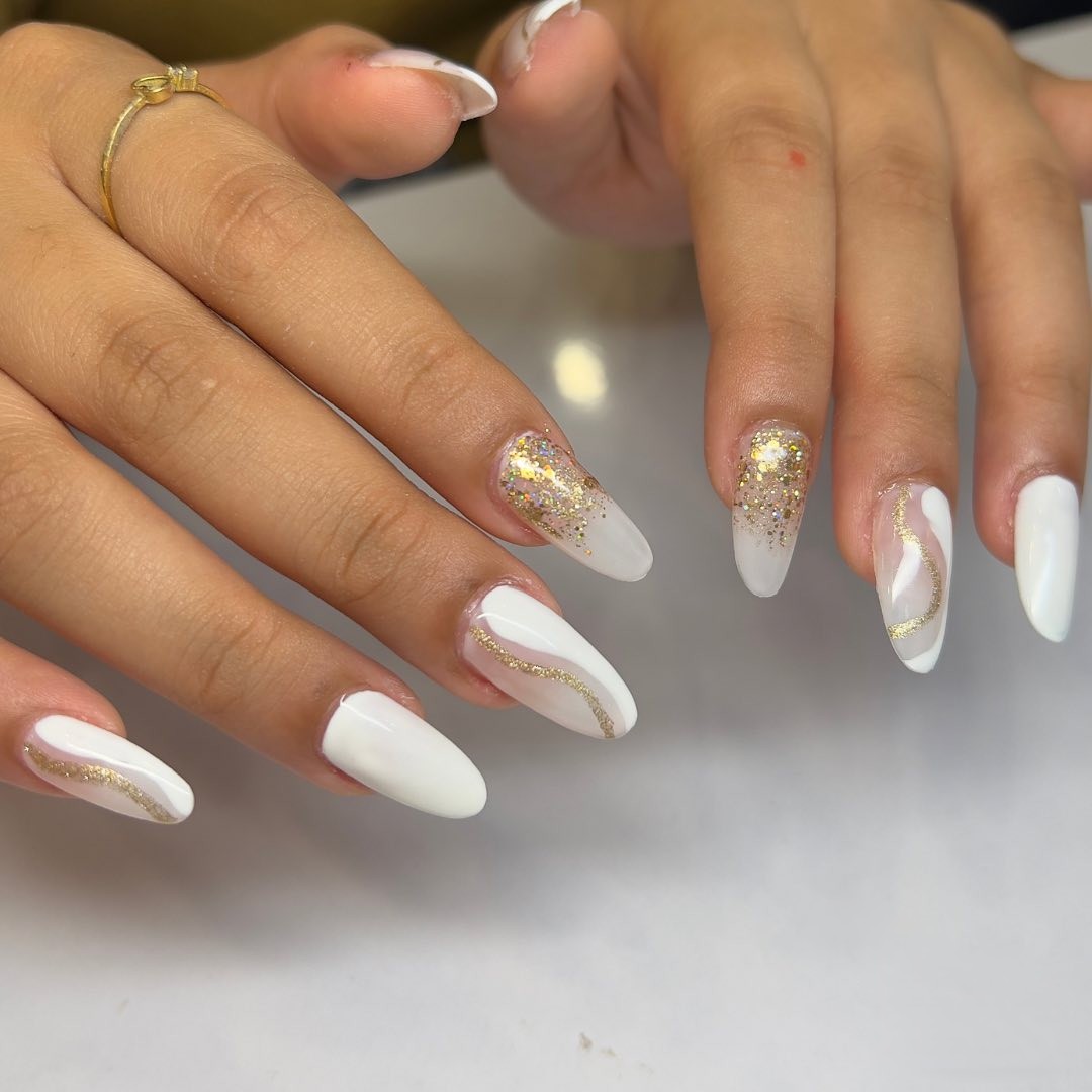 White And Gold Almond Nails