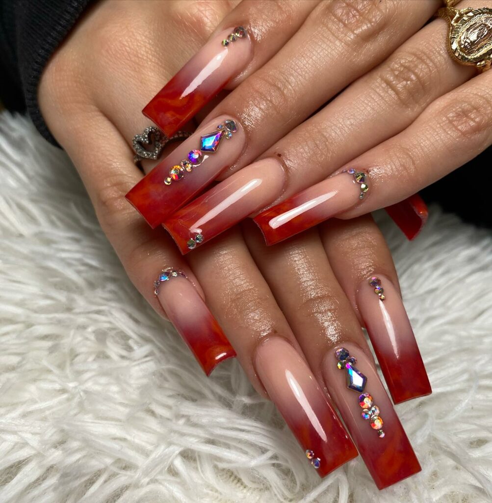 Ombre Red Nails Embellished with Rhinestones
