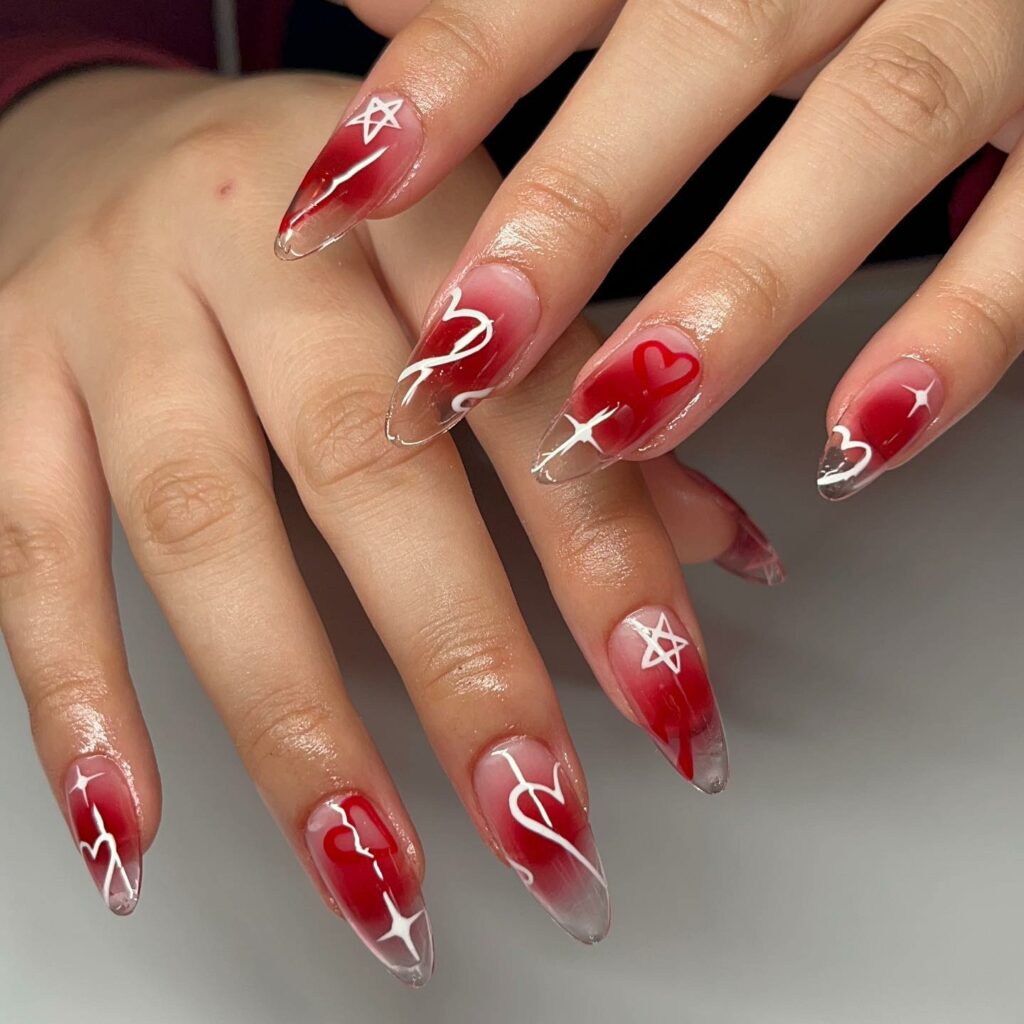 Ombre Nails with Floating Red Heart Details