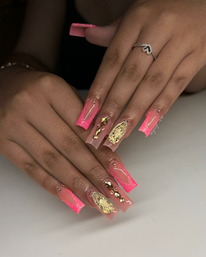 Shimmer Pink V-Cut French Tip Nails With Rhinestones