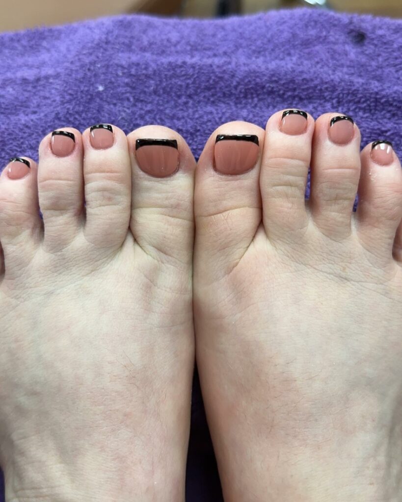 Black French Pedicure With Skin Tone Color On Base