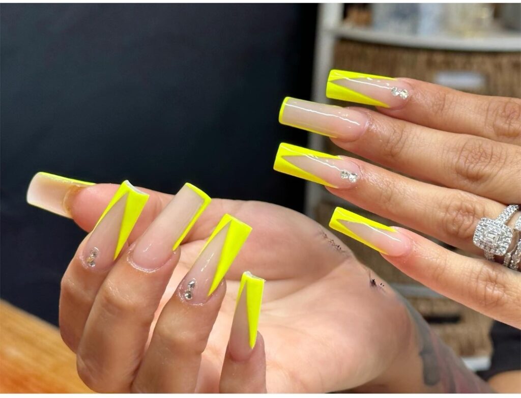 Neon Coffin V Cut French Tip Nails
