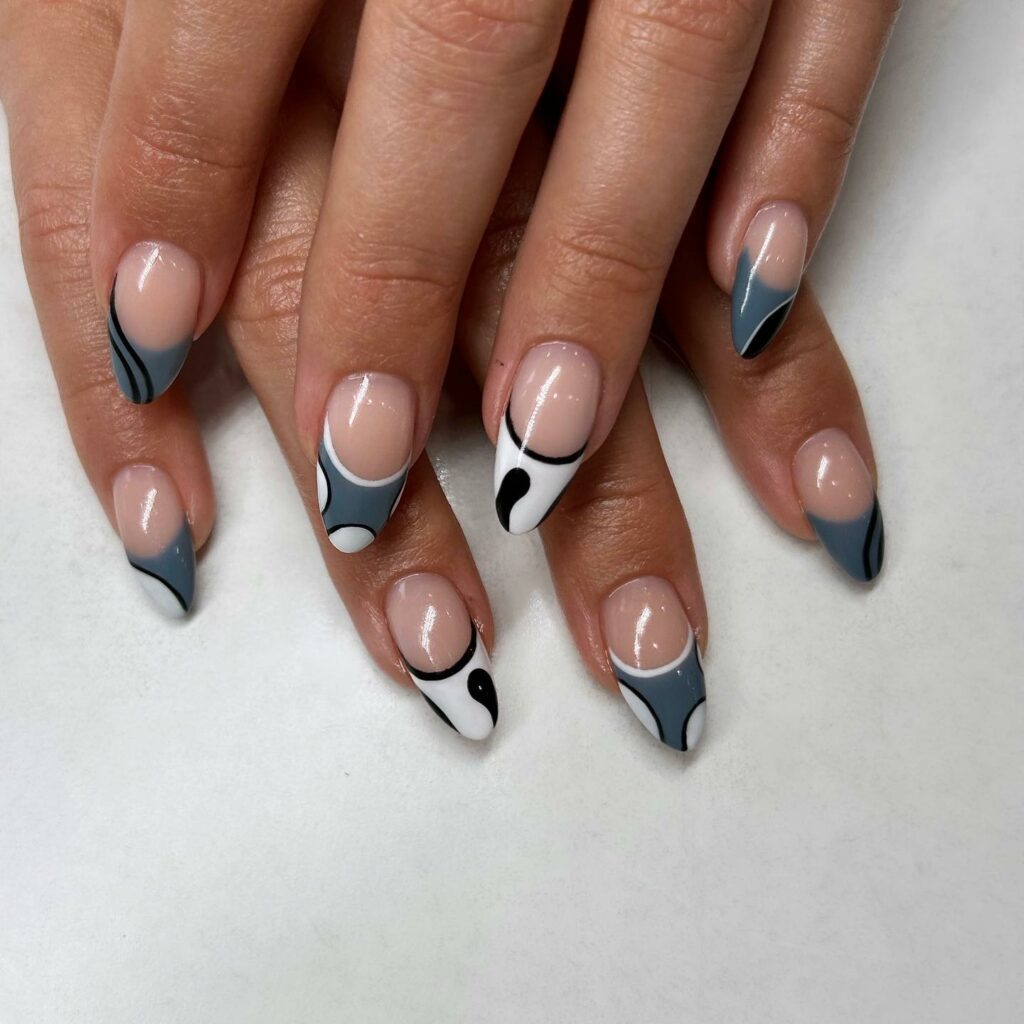 White, Grey & Black Swirl Nails