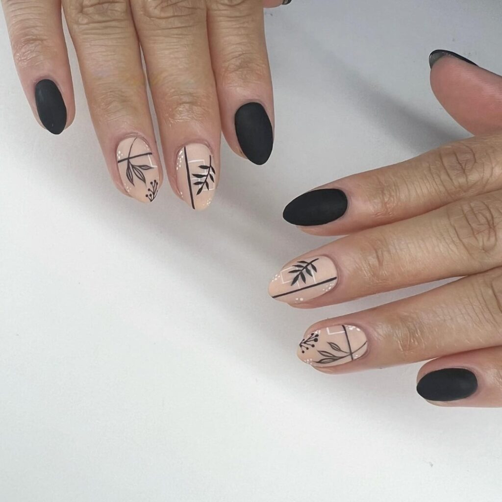 Short Matte Nails With Black Nail Art