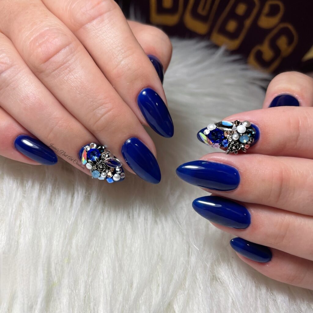 Rhinestone Dark Blue Nails