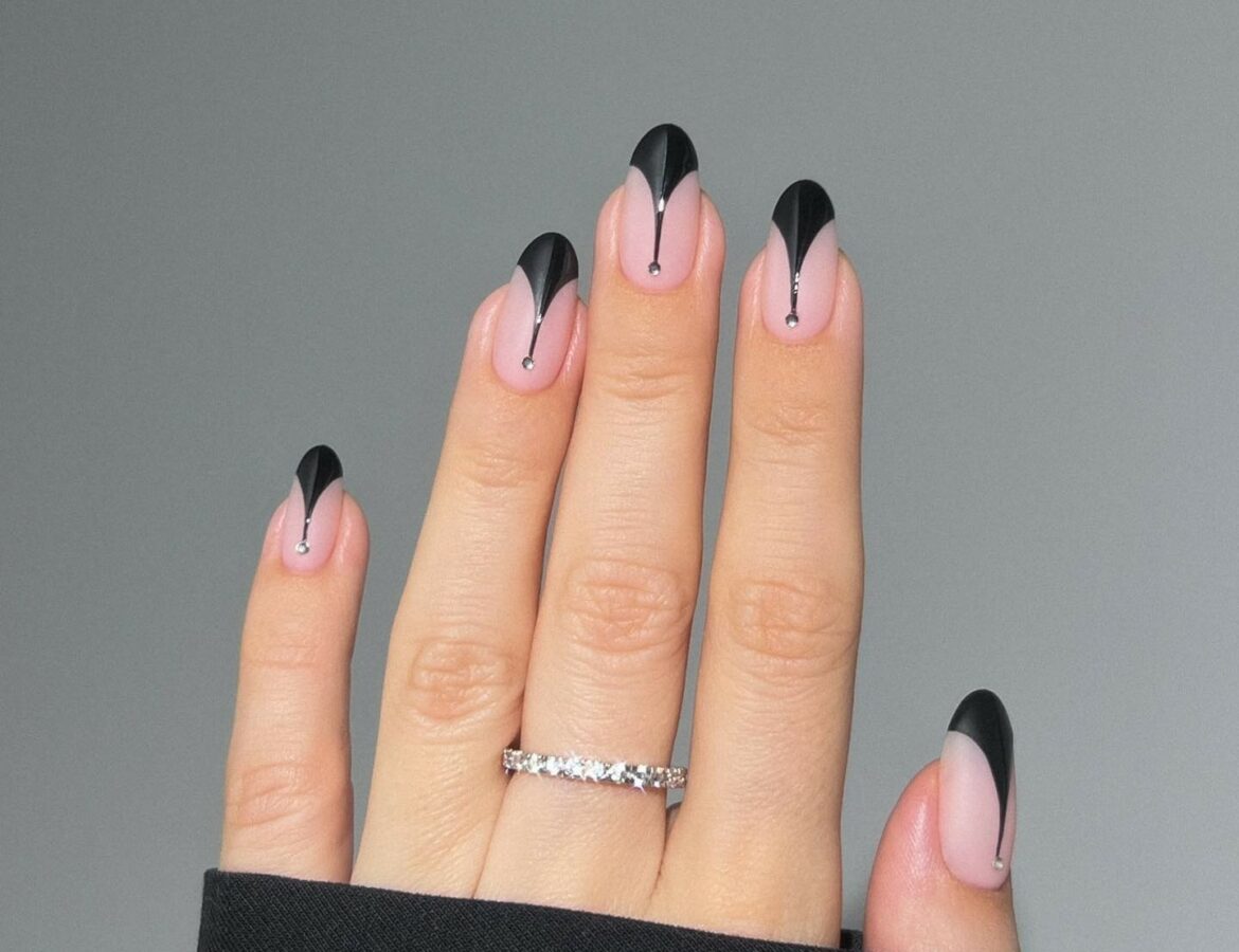 Matte Black Short French Nails with Sparkling Jewels