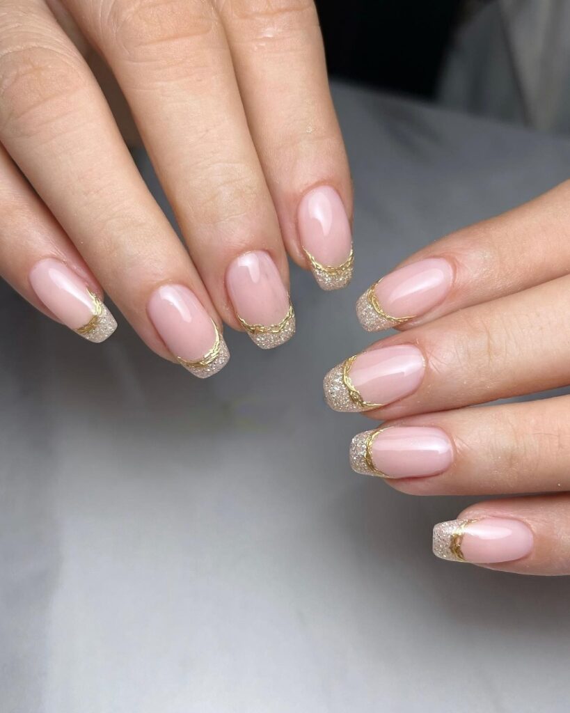 Gold French Nails with Glitter Tips