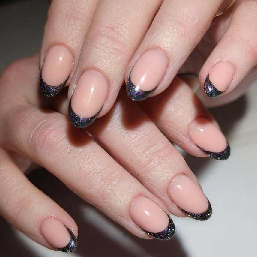 Black Tip French Manicure With Sparkles On Short Nails