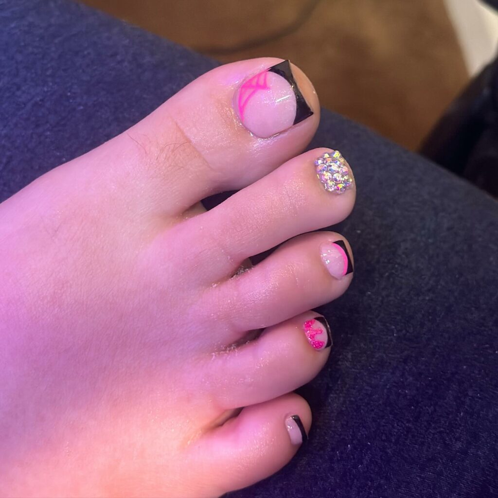 Black French Pedicure With Pink Spider Web