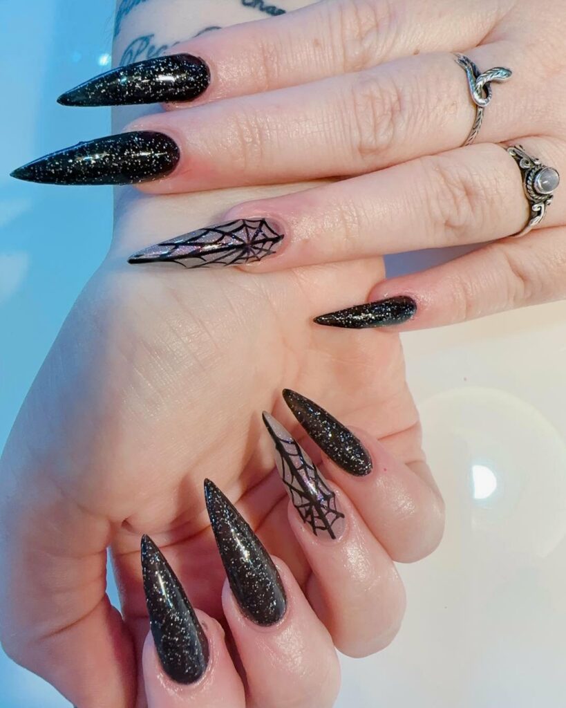 Glittery Black Stiletto Nails