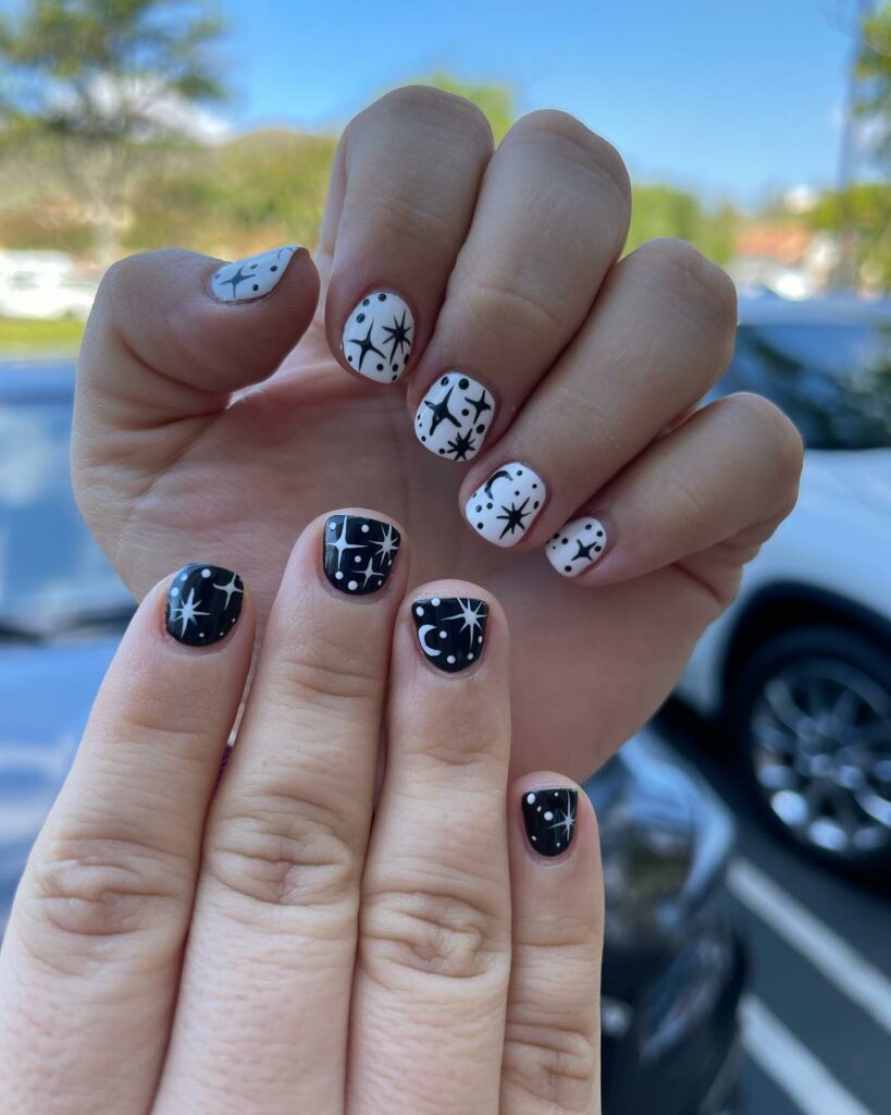 Short Black Nail With Moon and Stars