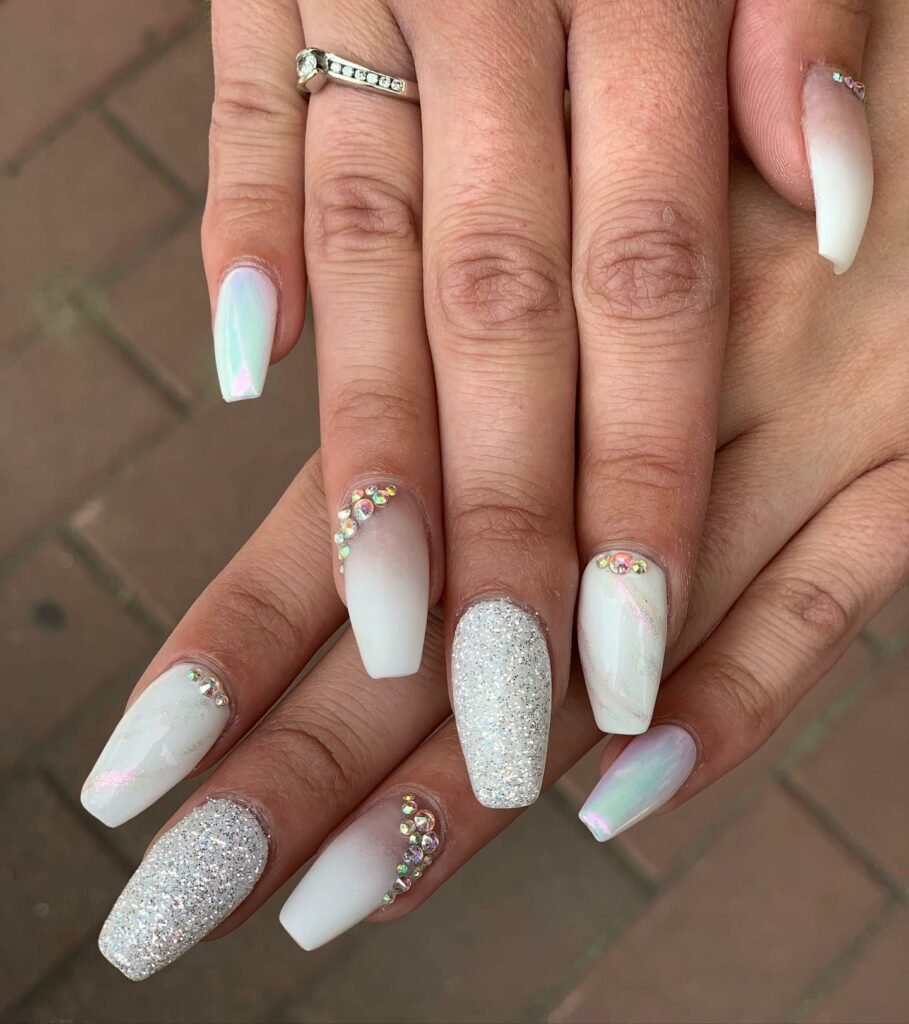 White Nails with a Glitzy Accent