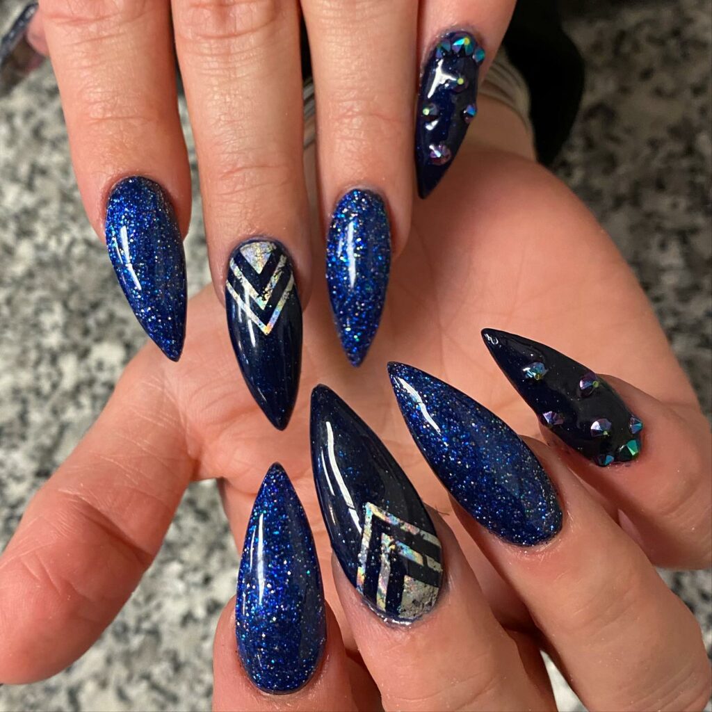 Long Navy Blue Glitter Nails