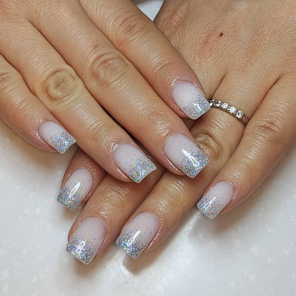 Square Silver Glitter French Nails