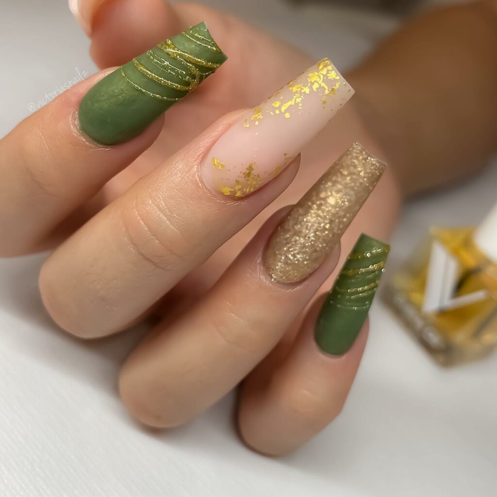 Abstract Art on Olive Green Coffin Nails