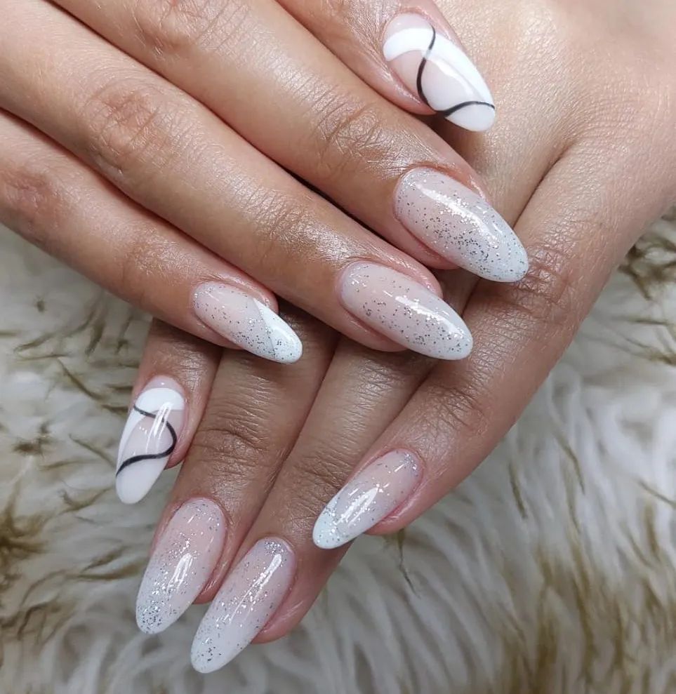 Abstract glitter white nails