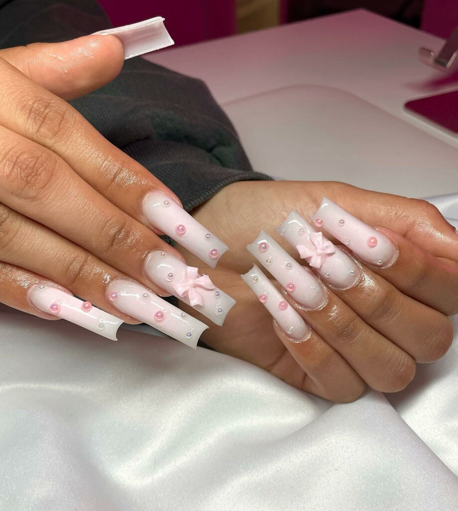 Acrylic White Cloud Nails Adorned with Gems