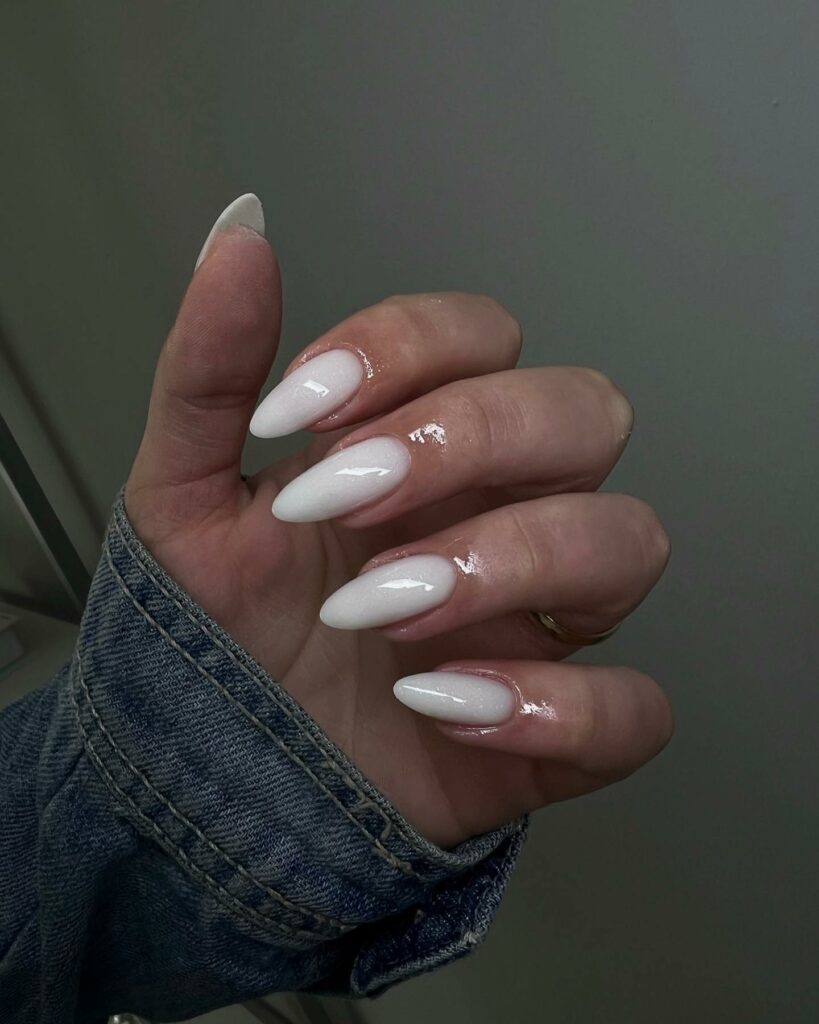 Almond-Cut Milky White Cloud Nails
