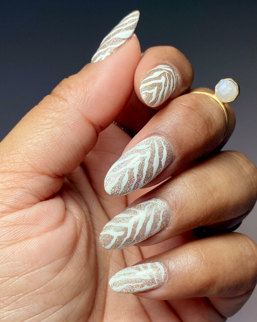 White Glitter Nails with Chic Animal Print